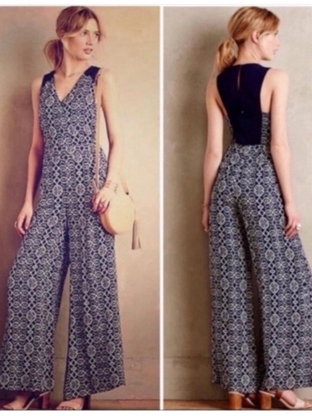 Anthropologie Navy and White Geometric Sleeveless V-Neck Jumpsuit By Elevenses